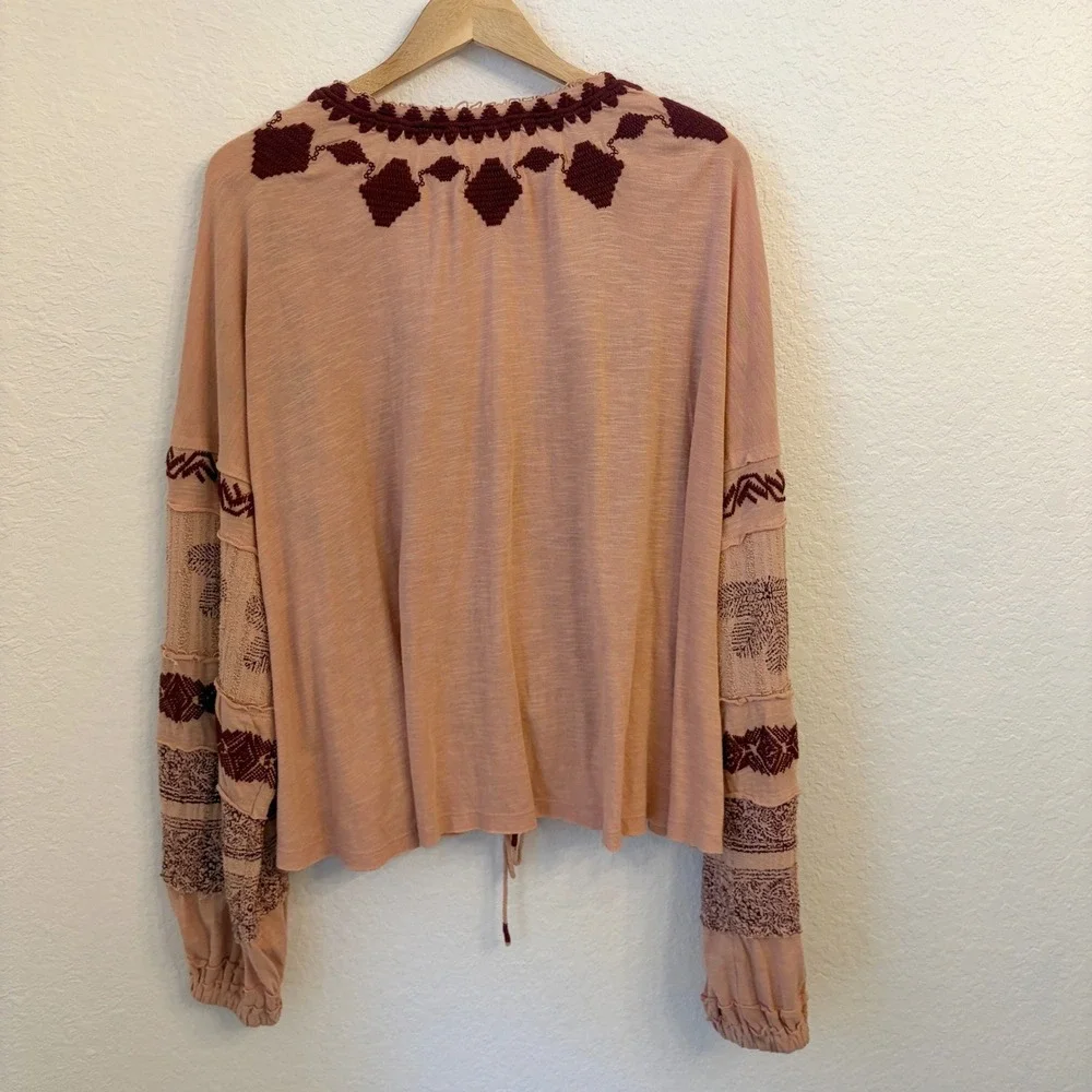 Free People Hometown Tie Front Sweater Top S Embroidered Boho Peasant Oversized